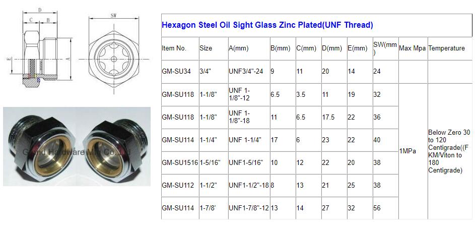 Hexagon Steel Oil Sight Glass Zinc Plated (UNF Thread).jpg